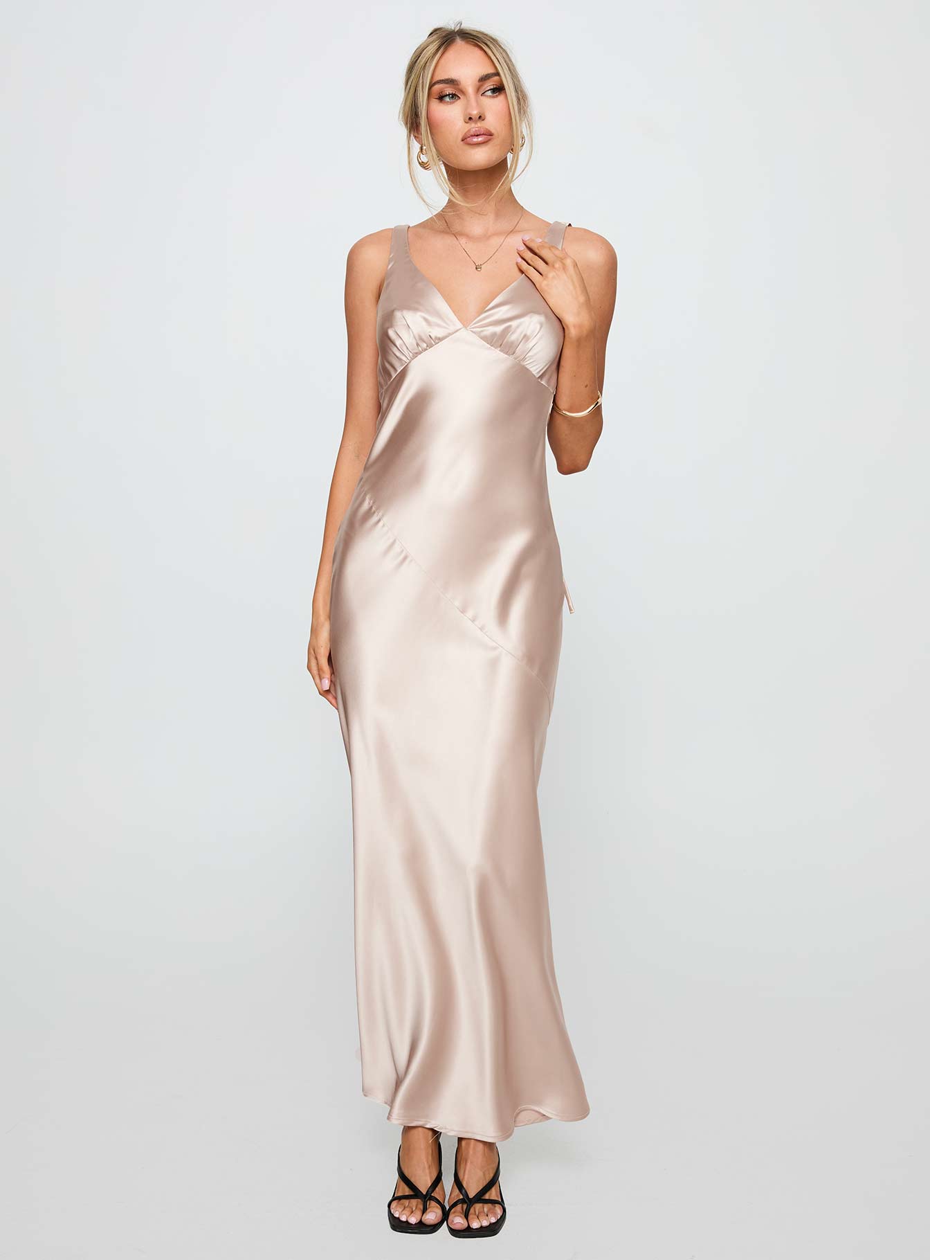 front view of model wearing Princess Polly Northern Star Maxi Dress Champagne V-Neck 