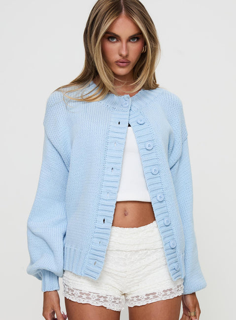 front view of model wearing Princess Polly Edern Cardigan Blue cropped 