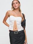 front view of model wearing Princess Polly Pankma Lace Top White Sleeveless Sweetheart 