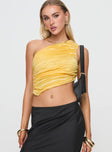 front view of model wearing Princess Polly Brinstead One Shoulder Top Yellow Sleeveless Asymmetric Neckline 