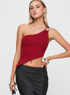 front view of model wearing Princess Polly Toomba One Shoulder Top Blurred Lace Red Sleeveless Asymmetric Neckline 