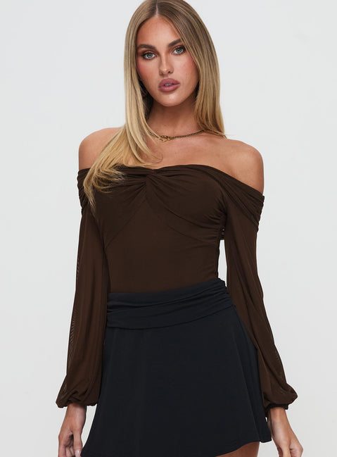 side view of model wearing Princess Polly Babette Off The Shoulder Bodysuit Brown Long Sleeve Tops 