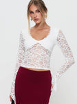 front view of model wearing Princess Polly Honeymoon Lace Top White Full Sleeves V-Neck 