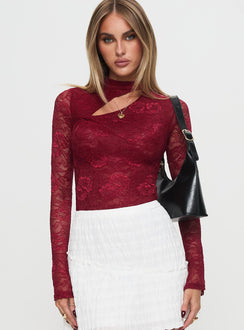 front view of model wearing Princess Polly Twisted Humour Long Sleeve Lace Bodysuit Burgundy Long Sleeve Tops 