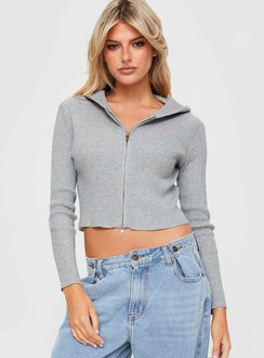 Cher Zip Up Knit Sweater Grey Marle Princess Polly  Cropped 