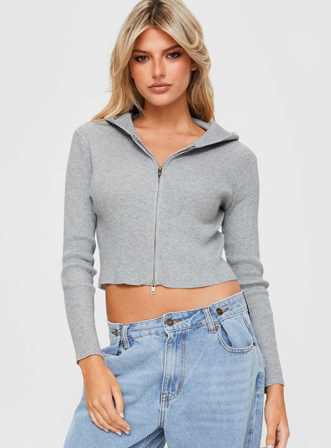 Cher Zip Up Knit Sweater Grey Marle Princess Polly  Cropped 