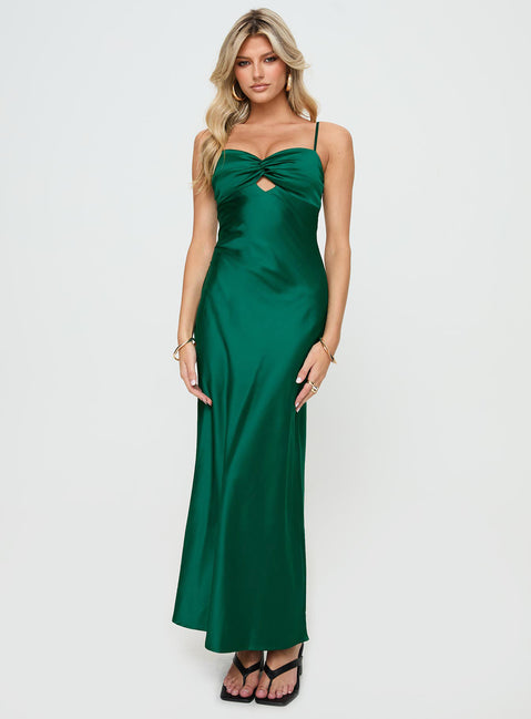 front view of model wearing Princess Polly Blackthorn Maxi Dress Green Sweetheart Neckline 