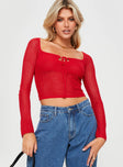 front view of model wearing Princess Polly Tyren Top Red Full Sleeves Square Neck 