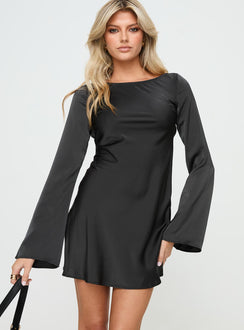 front view of model wearing Princess Polly Lukea Long Sleeve Satin Mini Dress Black 