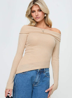front view of model wearing Princess Polly Streep Off The Shoulder Top Beige Full Sleeves Asymmetric Neckline 