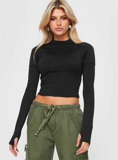 front view of model wearing Princess Polly Crussi Long Sleeve Top Black Full Sleeves High Neck 