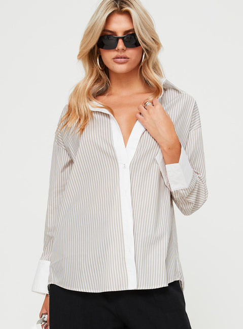 front view of model wearing Princess Polly Only We Know Shirt Beige Full Sleeves V-Neck 