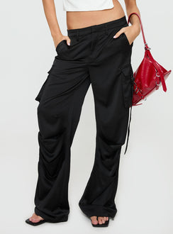 back view of model wearing Princess Polly Butterfly Cargo Pants Onyx High Waisted Pants 