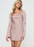 front view of model wearing Princess Polly Phillipa Long Sleeve Mini Dress Pink Square Neck 