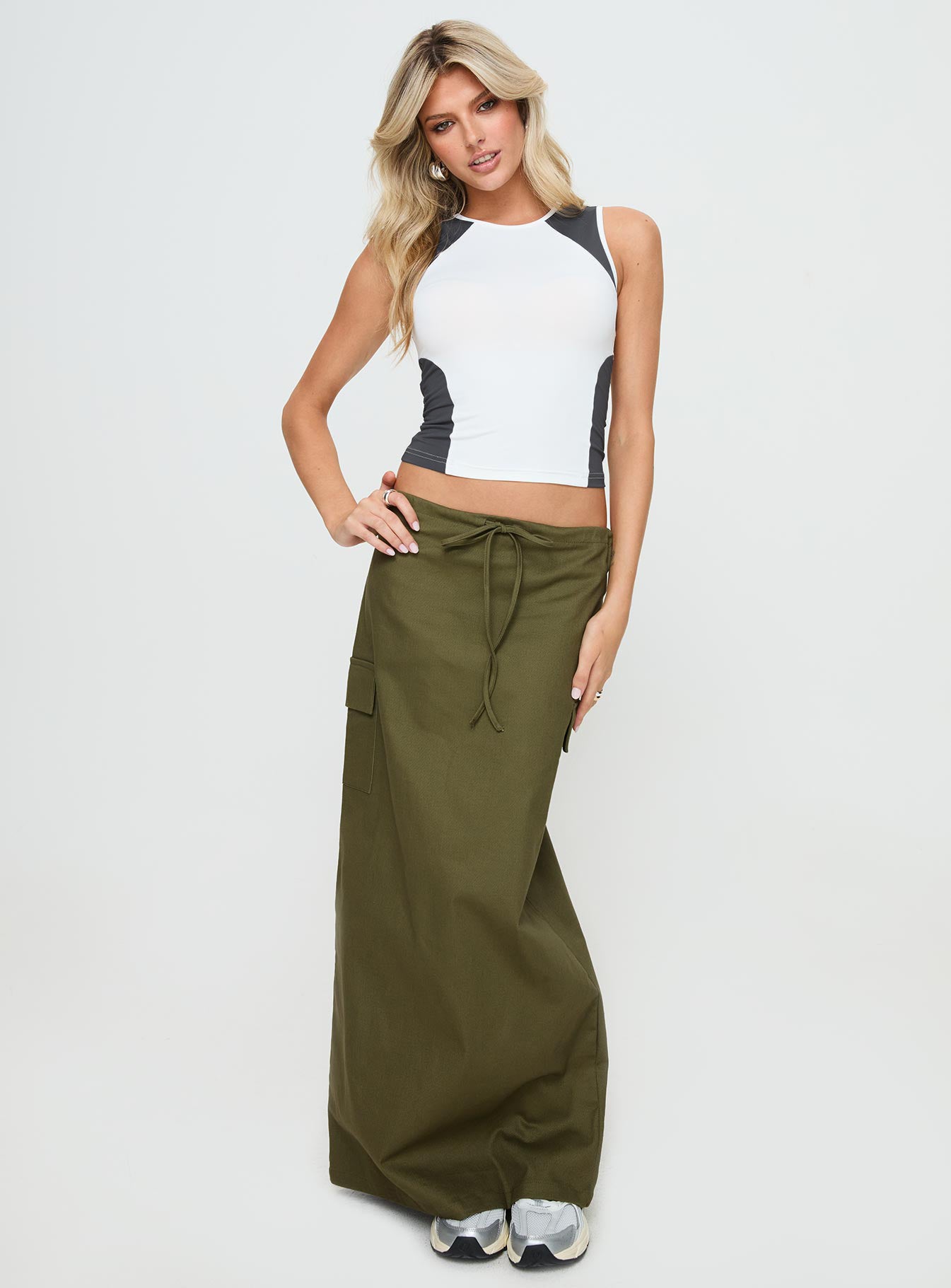  front view of model wearing Princess Polly My Girl Maxi Skirt Olive Maxi 