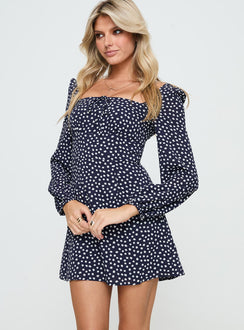 back view of model wearing Princess Polly Mirthful Long Sleeve Mini Dress Navy Square Neck 