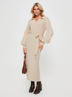 front view of model wearing Princess Polly Oriel Long Sleeve Knit Maxi Dress Beige V-Neck 