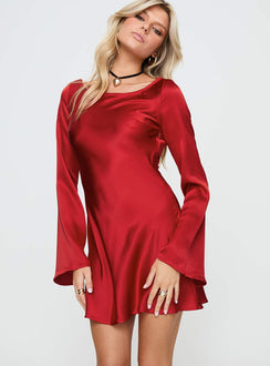 front view of model wearing Princess Polly Lukea Long Sleeve Satin Mini Dress Red Boat Neck 