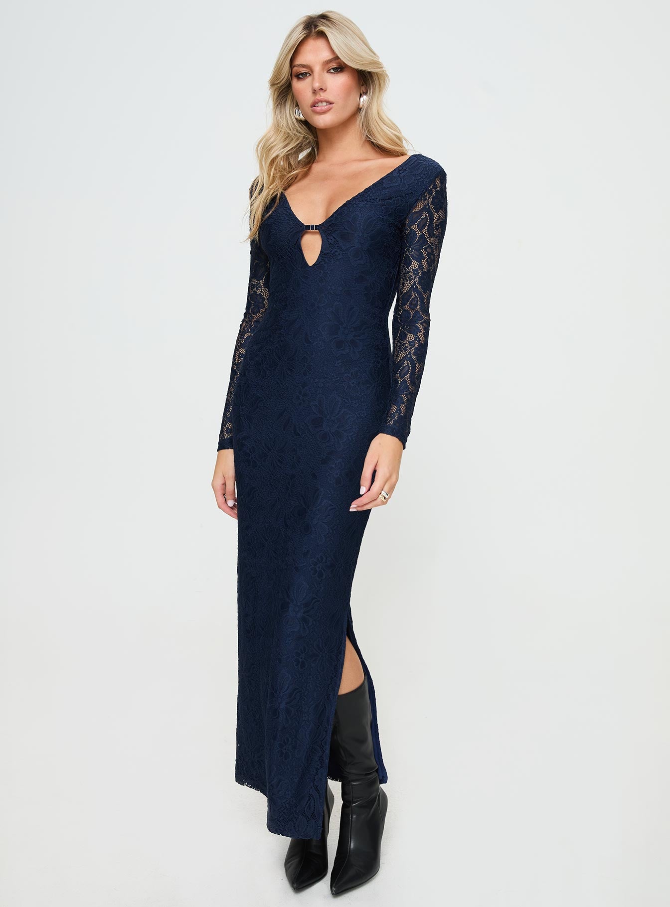 side view of model wearing Princess Polly Marceline Long Sleeve Maxi Dress Navy Plunger 