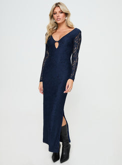 side view of model wearing Princess Polly Marceline Long Sleeve Maxi Dress Navy Plunger 