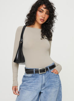 side view of model wearing Princess Polly Gatewood Long Sleeve Bodysuit Grey Full Sleeves 