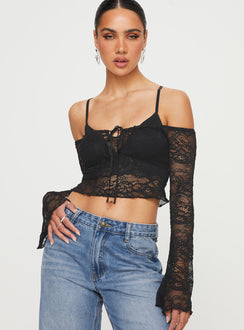 Front view of model wearing  front Princess Polly Full Sleeves Square Neck  Rulfo Lace Off The Shoulder Top Black