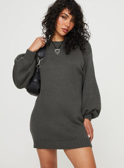 Front view of model wearing  front Princess Polly High Neck  Harmony Knit Mini Dress Charcoal