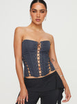 Strapless corset top Lace up detail throughout, inner silicone strip at bust, zip fastening at back, boning throughout