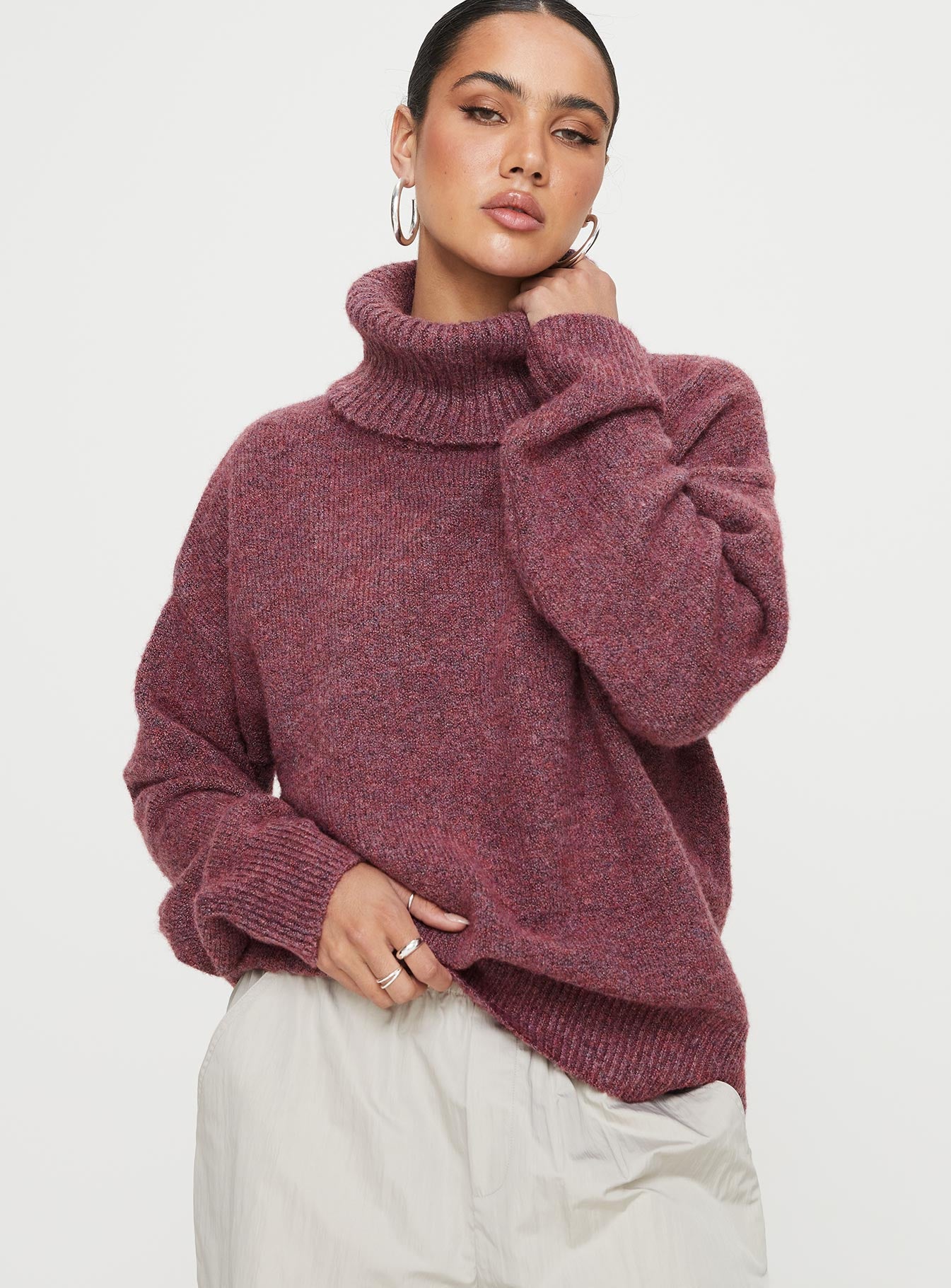 front view of model wearing Princess Polly Oswin Turtleneck Sweater Burgundy 
