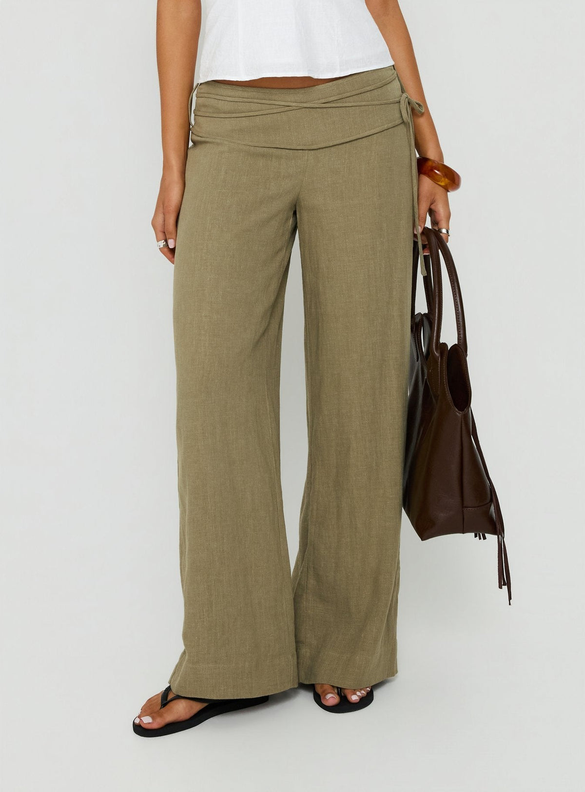 Featuring the Silver Moon Linen Blend Tie Pants Olive Green womens-regular-pants with high-rise detail Princess Polly