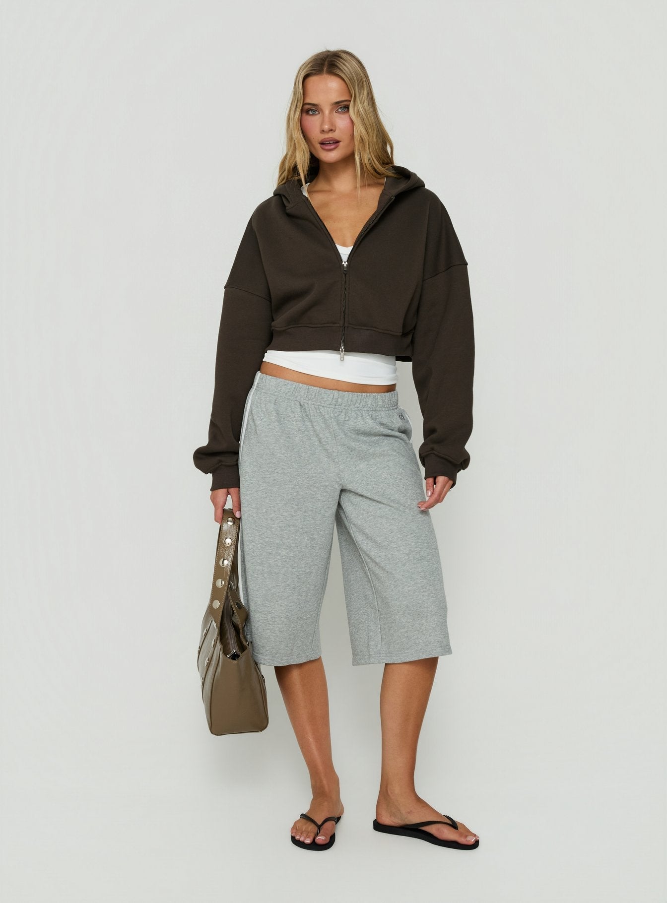 Showcasing the Zellah Double Ended Zipper Hoodie Iron Grey womens-jumpers with oversized fit and short length product Princess Polly
