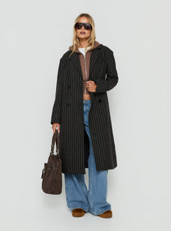 Olimpea Longline Trenchcoat Schwarz Nadelstreifen