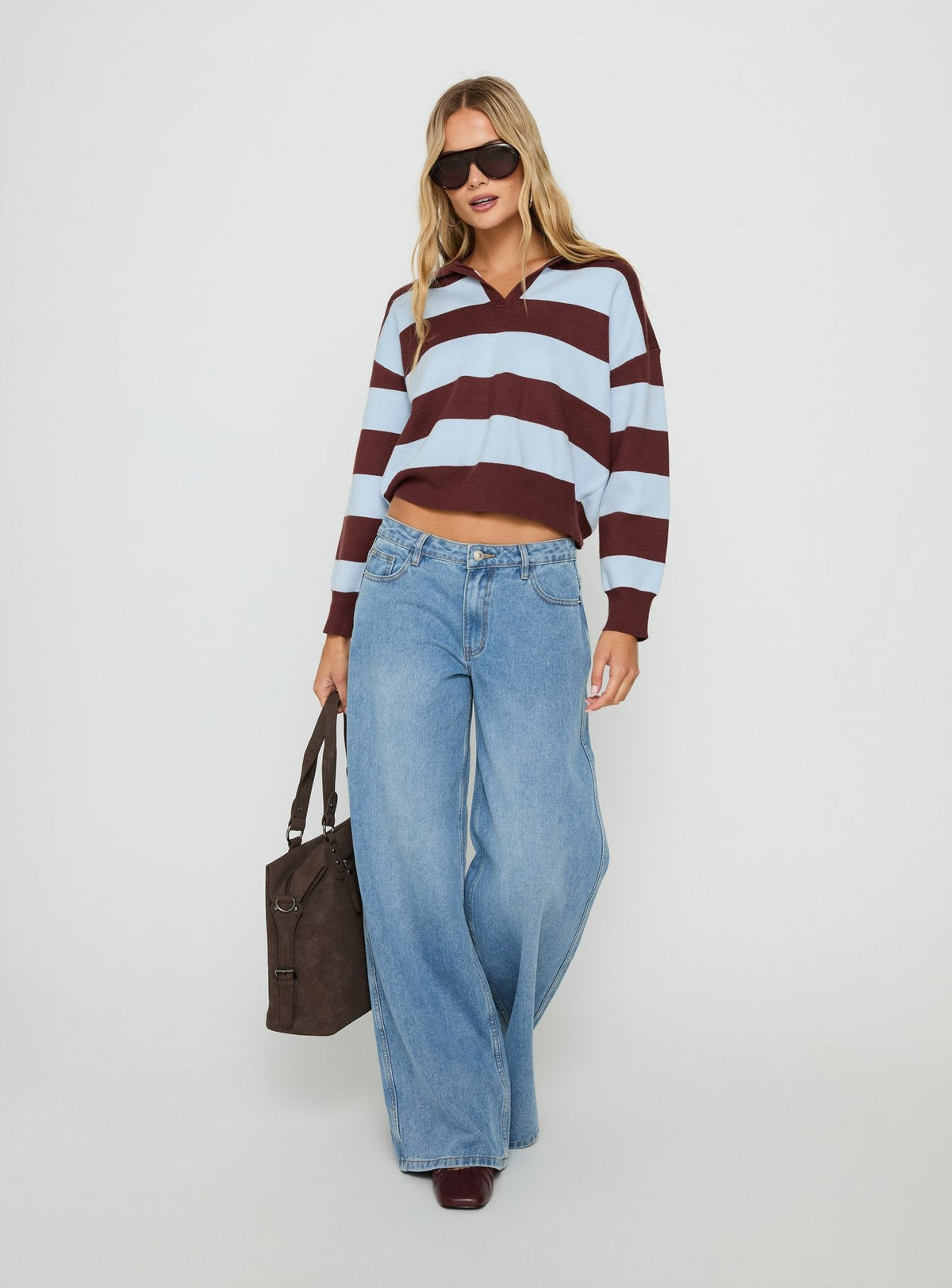 Novara Strick Cropped Rugby Jersey Blau / Burgunderfarbene Streifen