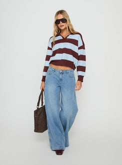 Novara Strick Cropped Rugby Jersey Blau / Burgunderfarbene Streifen