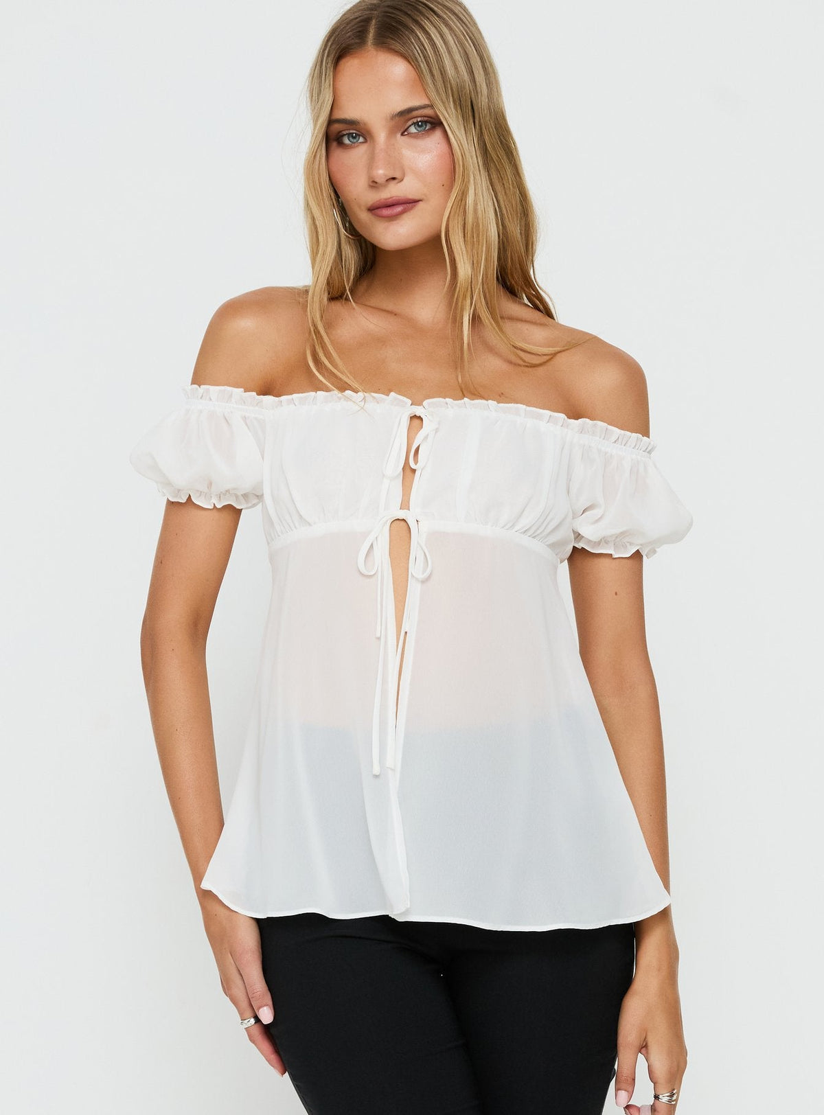 Elenah Chiffon Off Shoulder Babydoll Top White