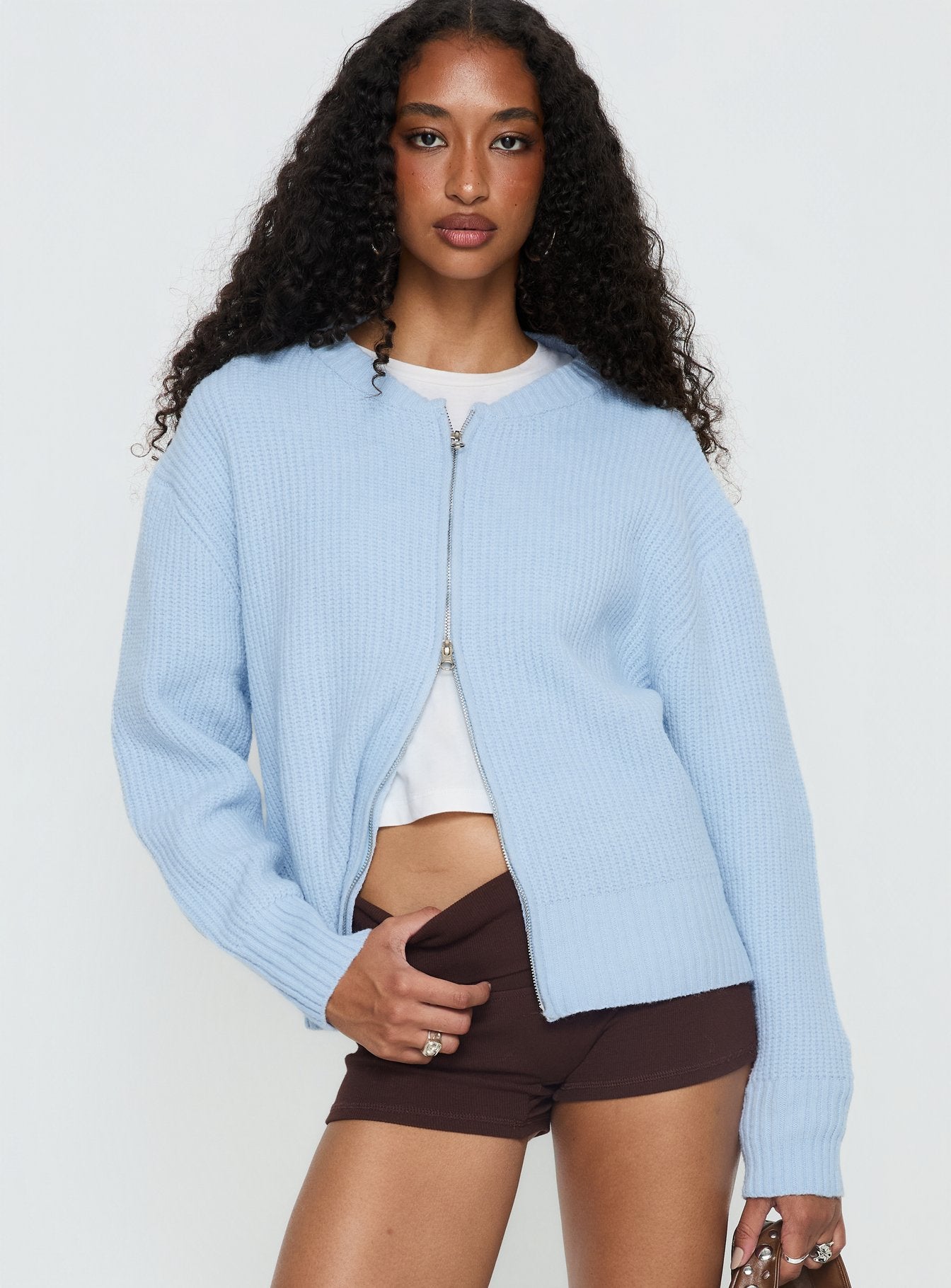 front view of model wearing Princess Polly Lexene Zip Through Jumper Baby Blue Longline Jumpers 