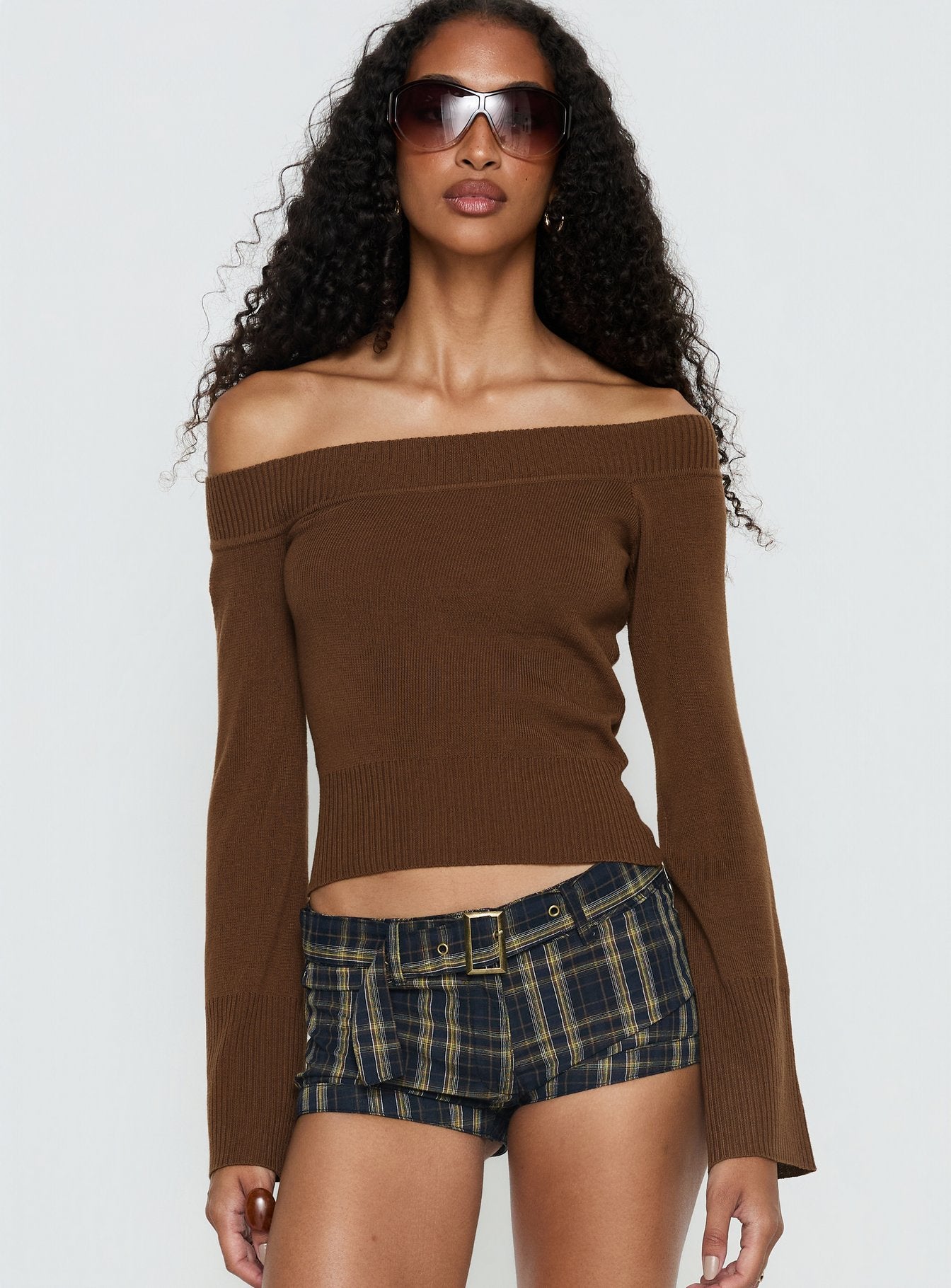 Perrey Long Sleeve Off Shoulder Knit Top Brown