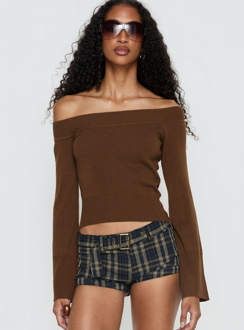 Perrey Long Sleeve Off Shoulder Knit Top Brown