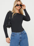 back view of model wearing Princess Polly Gatewood Long Sleeve Bodysuit Black Tall Full Sleeves Boat Neck 