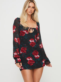 Front view of model wearing  front Princess Polly Boat Neck  Bayford Long Sleeve Mini Dress Red / Black Tall