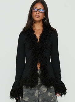 Featuring the Brynlie Faux Fur Trim Boxy Cardigan in Black womens-jumpers with short length detail Princess Polly