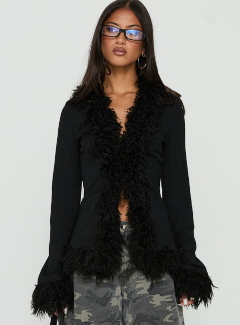 Featuring the Brynlie Faux Fur Trim Boxy Cardigan in Black womens-jumpers with short length detail Princess Polly