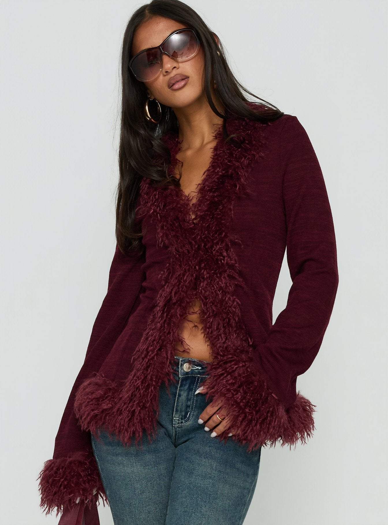 Brynlie Faux Fur Trim Boxy Cardigan Burgundy