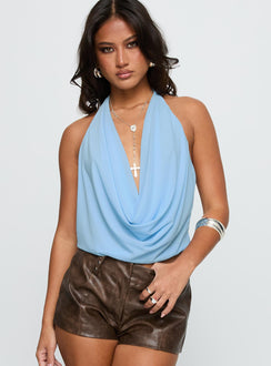 front view of model wearing Princess Polly Carefree Days Cowl Neck Top Blue Sleeveless Cowl 