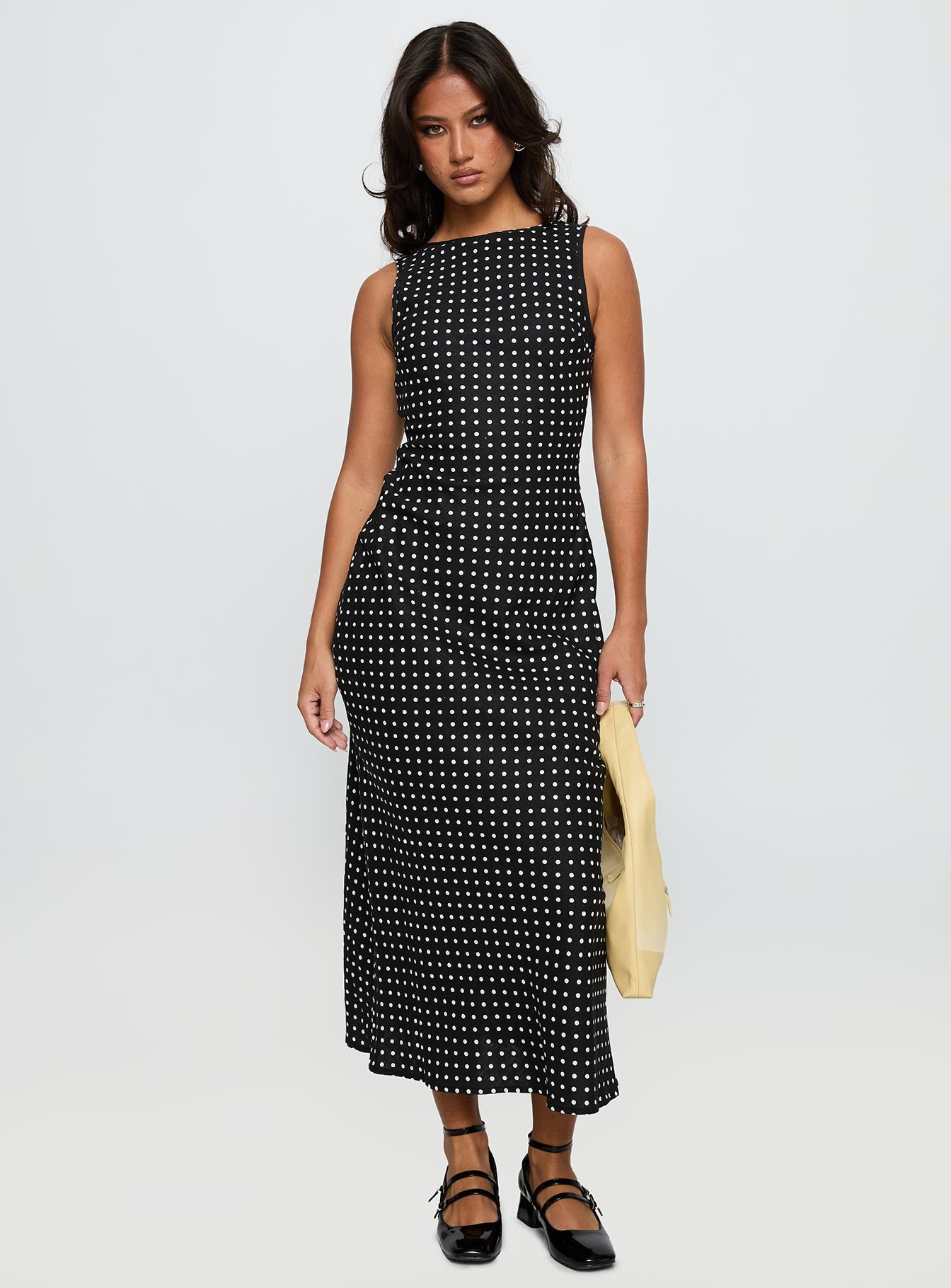 front view of model wearing Princess Polly Voyager Linen Blend Midi Dress Black Polka Crew Neck 