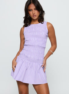 front view of model wearing Princess Polly Home Grown Shirred Mini Dress Lilac Stripe Boat Neck 