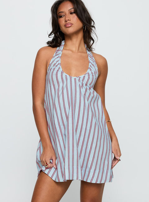 front view of model wearing Princess Polly Daydreams Linen Blend Halter Mini Dress Blue / Maroon Stripe Scoop Neck 