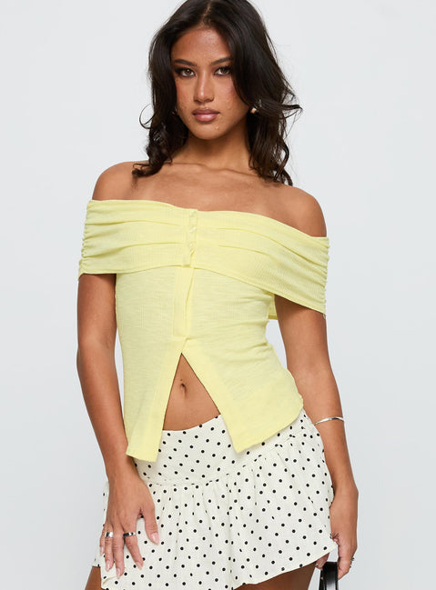 front view of model wearing Princess Polly Azusa Off The Shoulder Top Yellow Short Sleeves straight 
