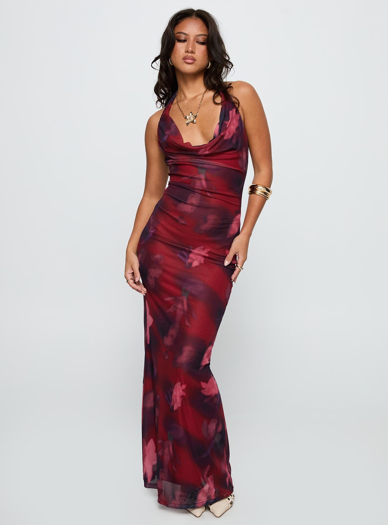 side view of model wearing Princess Polly Vixyn Halter Maxi Dress Red Multi Cowl Neck 