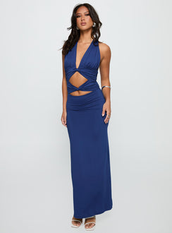 back view of model wearing Princess Polly Labour Of Love Halter Maxi Dress Cobalt Plunger 